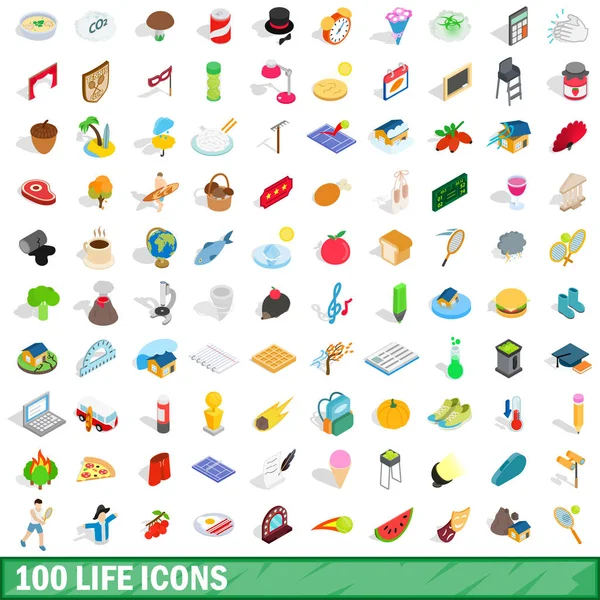 100 conjunto de ícones de vida, estilo 3D isométrico — Vetor de Stock