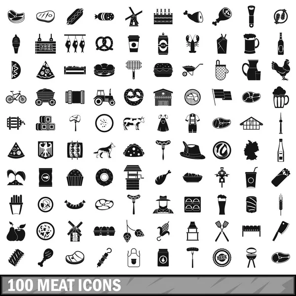 100 meat icons set, simple style — Stock Vector