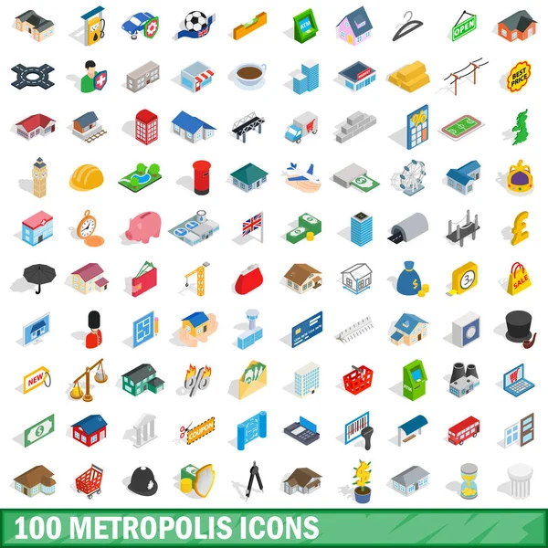 Conjunto de iconos de 100 metrópolis, estilo isométrico 3d — Vector de stock