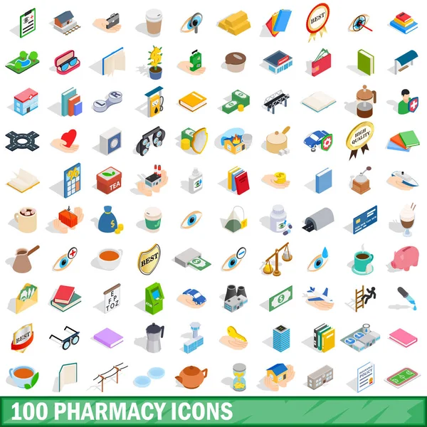 100 apotheek iconen set, isometrische 3D-stijl — Stockvector