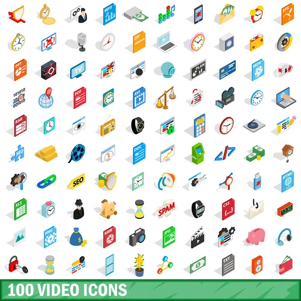 Conjunto de 100 iconos de vídeo, estilo isométrico 3d — Vector de stock