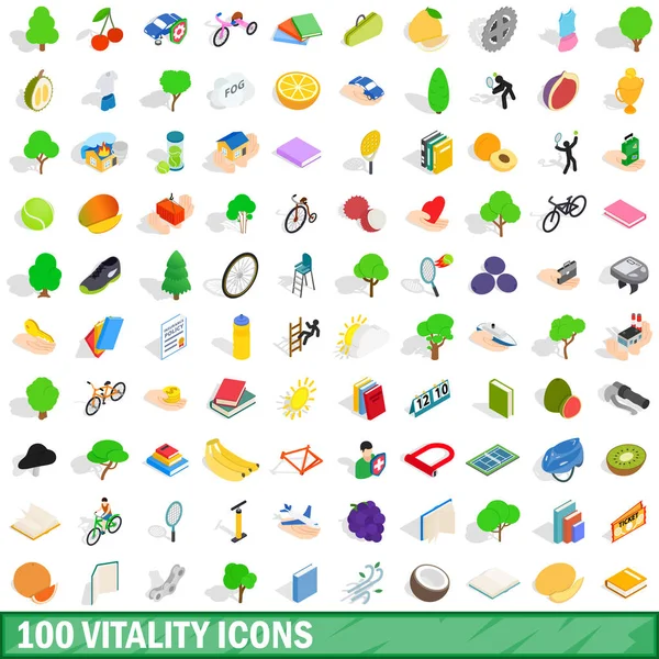 100 vitality icons set, isometric 3d style — Stock Vector