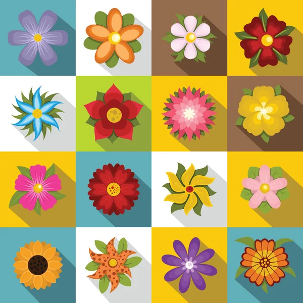 Διαφορετικά λουλούδια σετ εικονιδίων, επίπεδη στυλ — Διανυσματικό Αρχείο