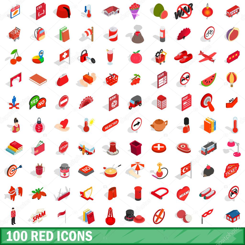 100 red icons set, isometric 3d style