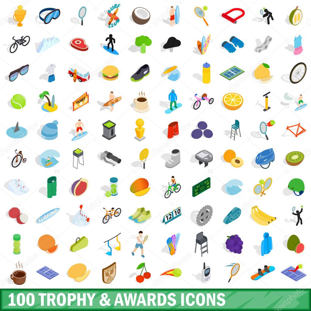 100 trophy and awards icons set, isometric style