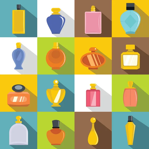 Conjunto de iconos de botellas de perfume, estilo plano — Vector de stock