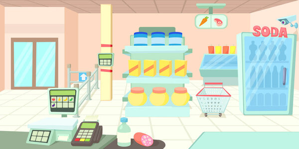 Supermarket horizontal banner, cartoon style