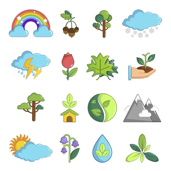 Nature icons set symbols, cartoon style — Stock Vector