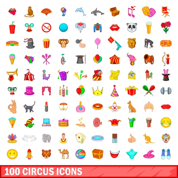100 set di icone circensi, stile cartone animato — Vettoriale Stock