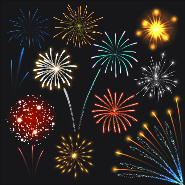 Fireworks angivet färgglada explosioner, realistisk stil — Stock vektor