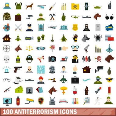 100 terörle mücadele Icons set, düz stil