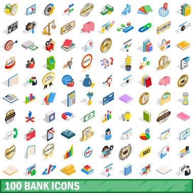 100 banka Icons set, izometrik 3d stili