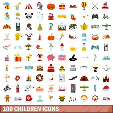 100 çocuk simgeler ayarla, stil düz