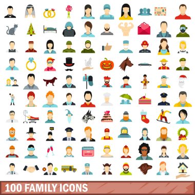 100 aile Icons set, düz stil