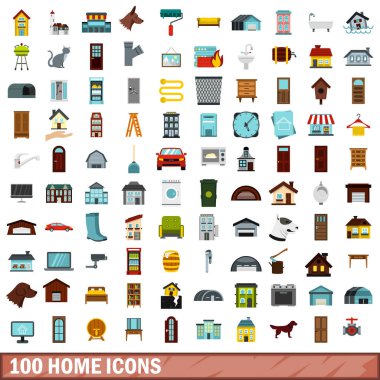 100 ev Icons set, düz stil
