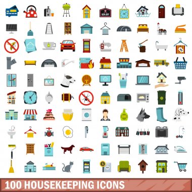 100 Oda temizliği simgeler kümesi, stil düz