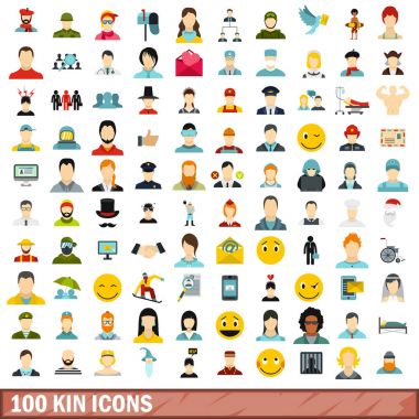 100 kin Icons set, düz stil