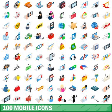 100 mobil Icons set, izometrik 3d stili