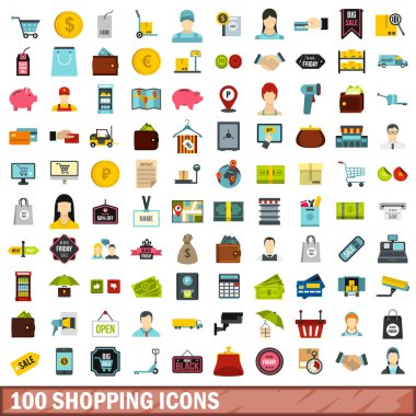 100 simgeleri alışveriş ayarla, stil düz