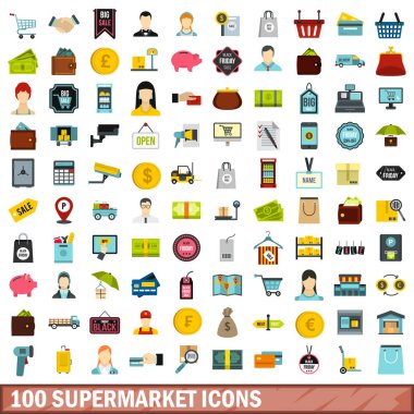 100 süpermarket simgeler kümesi, stil düz