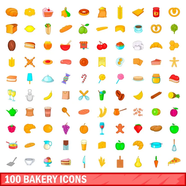 100 conjunto de iconos de panadería, estilo de dibujos animados — Vector de stock