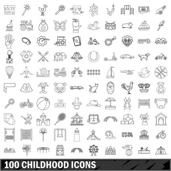 100 jeugd iconen set, Kaderstijl — Stockvector