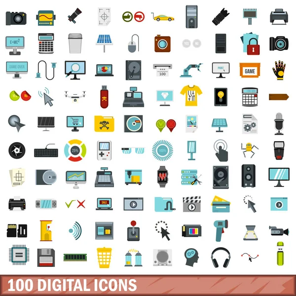 100 digitala ikoner set, platt stil — Stock vektor