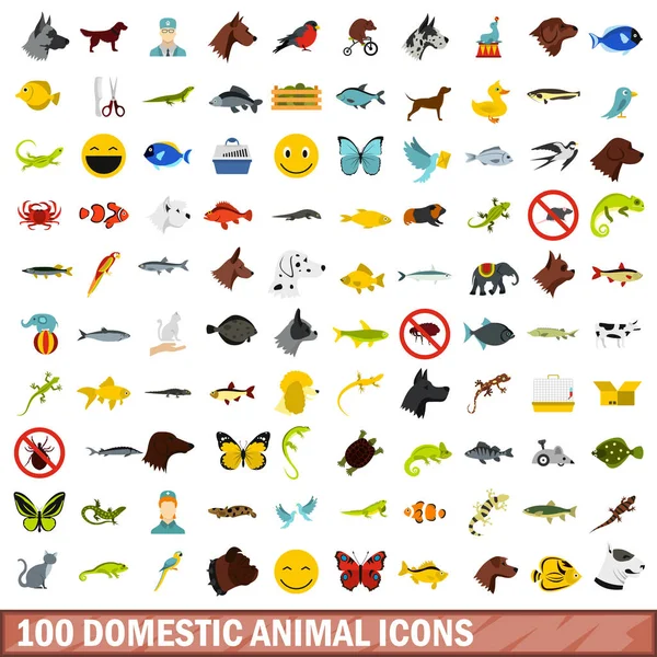 100 家养动物图标设置、 平风格 — 图库矢量图片