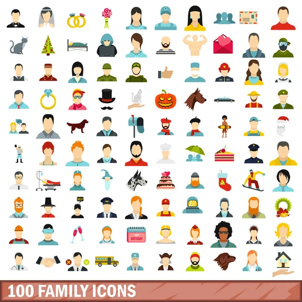 100 aile Icons set, düz stil