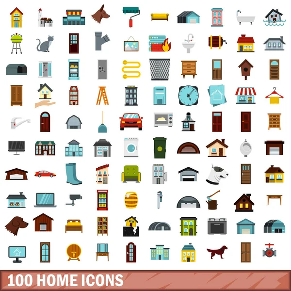 100 ev Icons set, düz stil