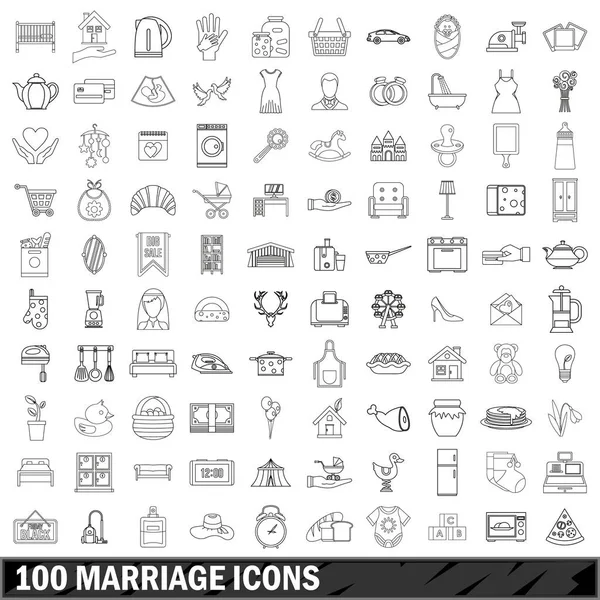100 evlilik Icons set, anahat stili — Stok Vektör