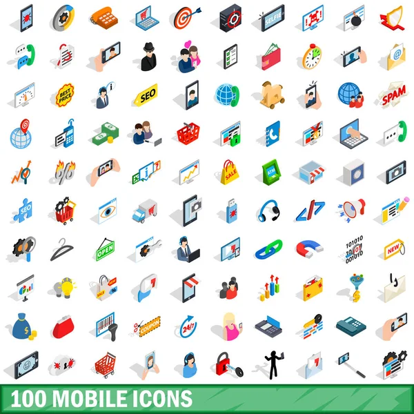 100 мобильных иконок, изометрический 3d стиль — стоковый вектор