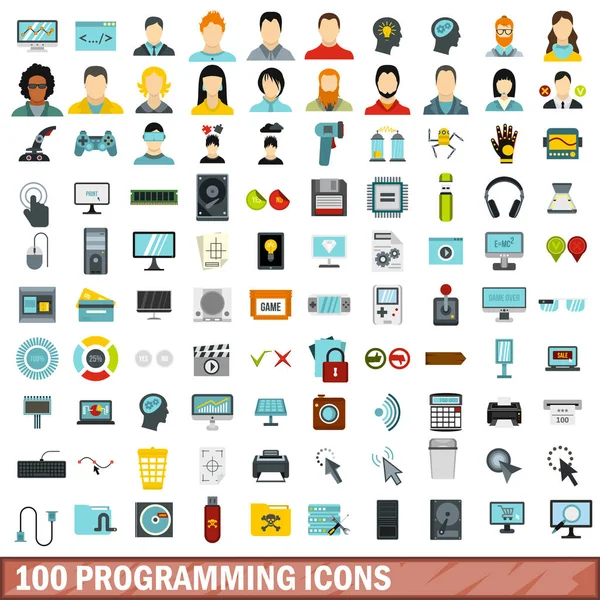 100 아이콘 프로그래밍 설정, 스타일 플랫 — 스톡 벡터