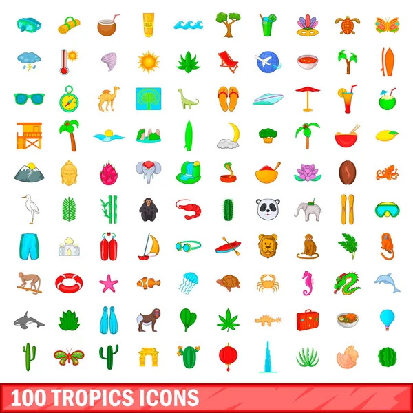 Set di 100 icone tropicali, stile cartone animato — Vettoriale Stock