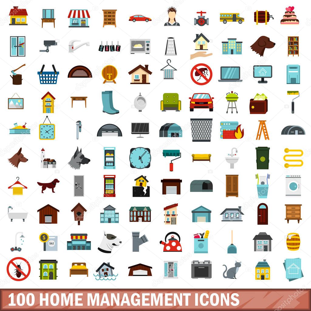 100 home management icons set, flat style