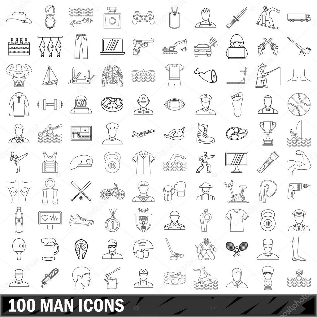 100 man icons set, outline style