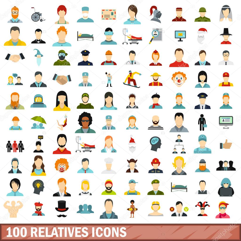 100 relatives icons set, flat style