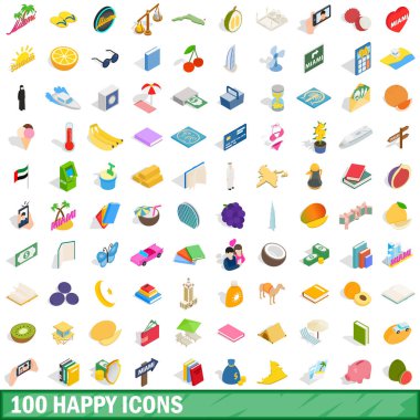 100 mutlu Icons set, izometrik 3d stili