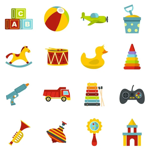 Diferentes crianças brinquedos ícones definidos em estilo plano —  Vetores de Stock