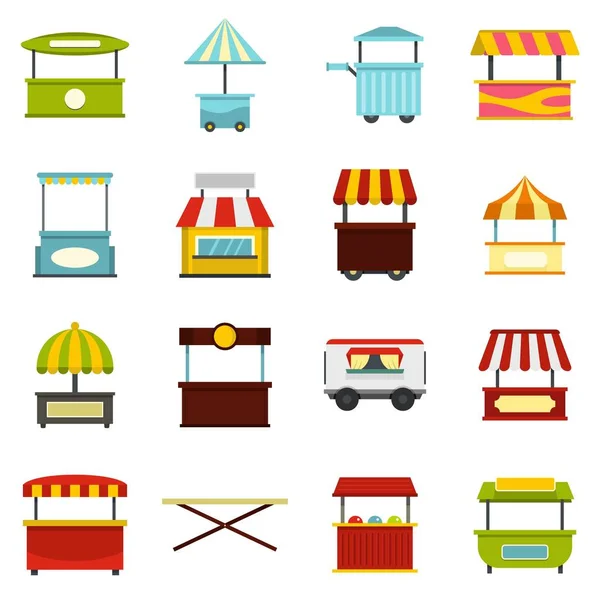 Iconos de camiones de comida callejera en estilo plano — Vector de stock