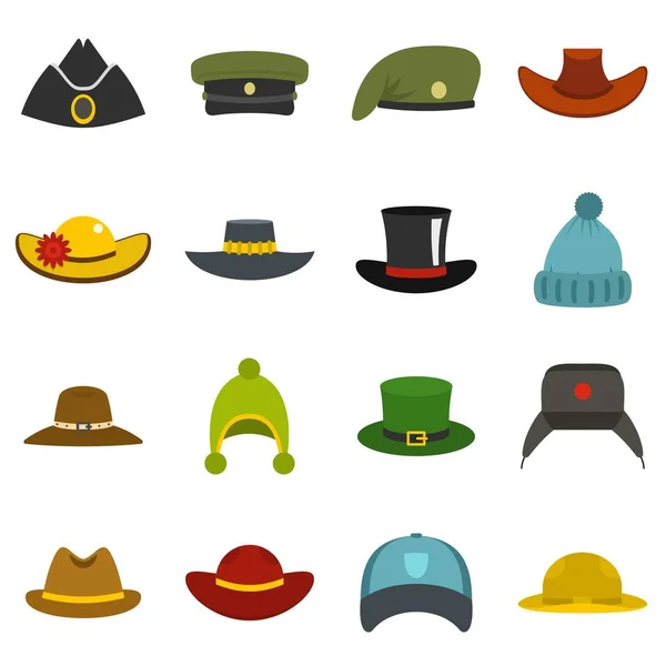 Tocado iconos sombrero conjunto en estilo plano — Vector de stock