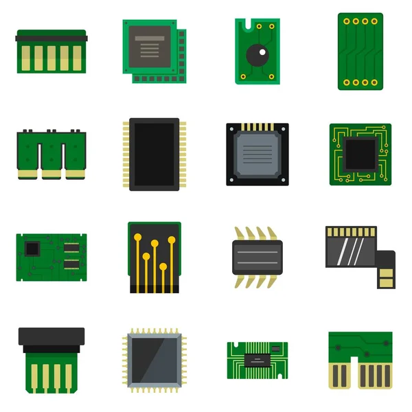 Ícones de chips de computador definido em estilo plano — Vetor de Stock