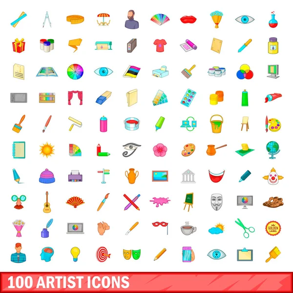 100 kunstenaar iconen instellen, cartoon stijl — Stockvector