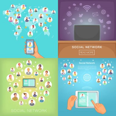 Sosyal ağ afiş kümesi, karikatür tarzı