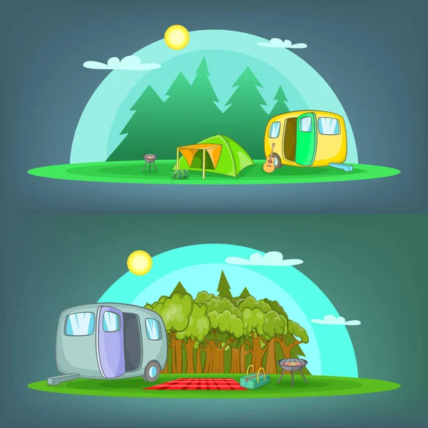 Camping 2 banner set horizontal, cartoon style — Stock Vector