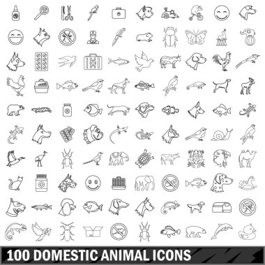 100 evcil hayvan Icons set, anahat stili