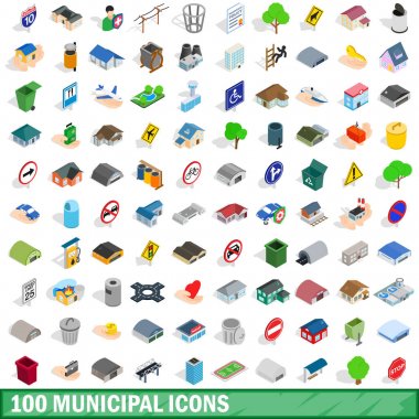 100 Belediye Icons set, izometrik 3d stili