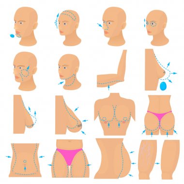 Vücut, karikatür tarzı plastik cerrah Icons set