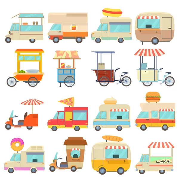 Street food veicoli icone set, stile cartone animato — Vettoriale Stock