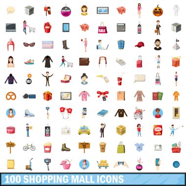 100 alışveriş merkezi simgeler ayarla, tarzı çizgi film
